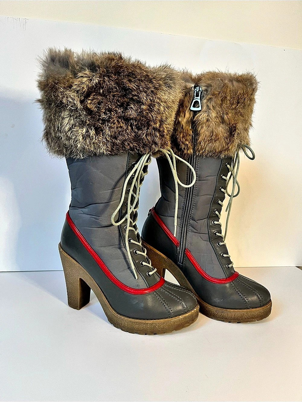 Rudsak Fur Cuff Heeled Winter Boots in dark grey with red detail